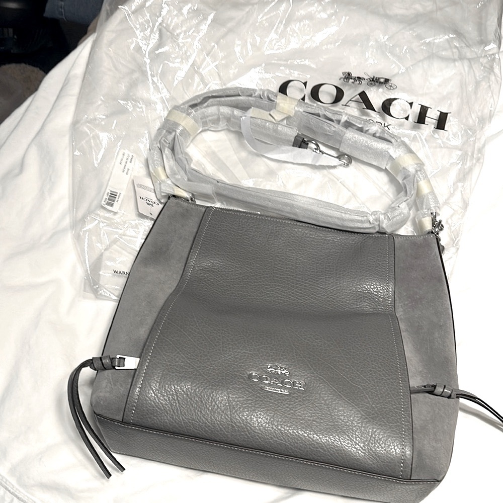 Coach XLMarlow Bag 11x13 Pebble leather & suede Heather Gray .NWT